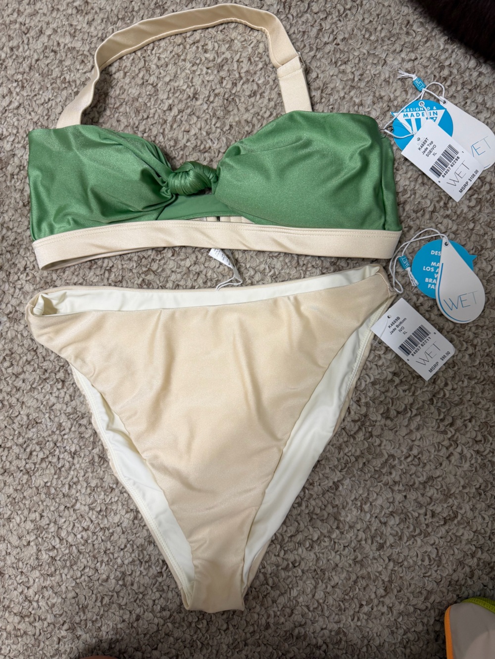 WET Swim Two-Piece Cream & Green Bikini Set — Knot Front Top & High-Cut Bottom
